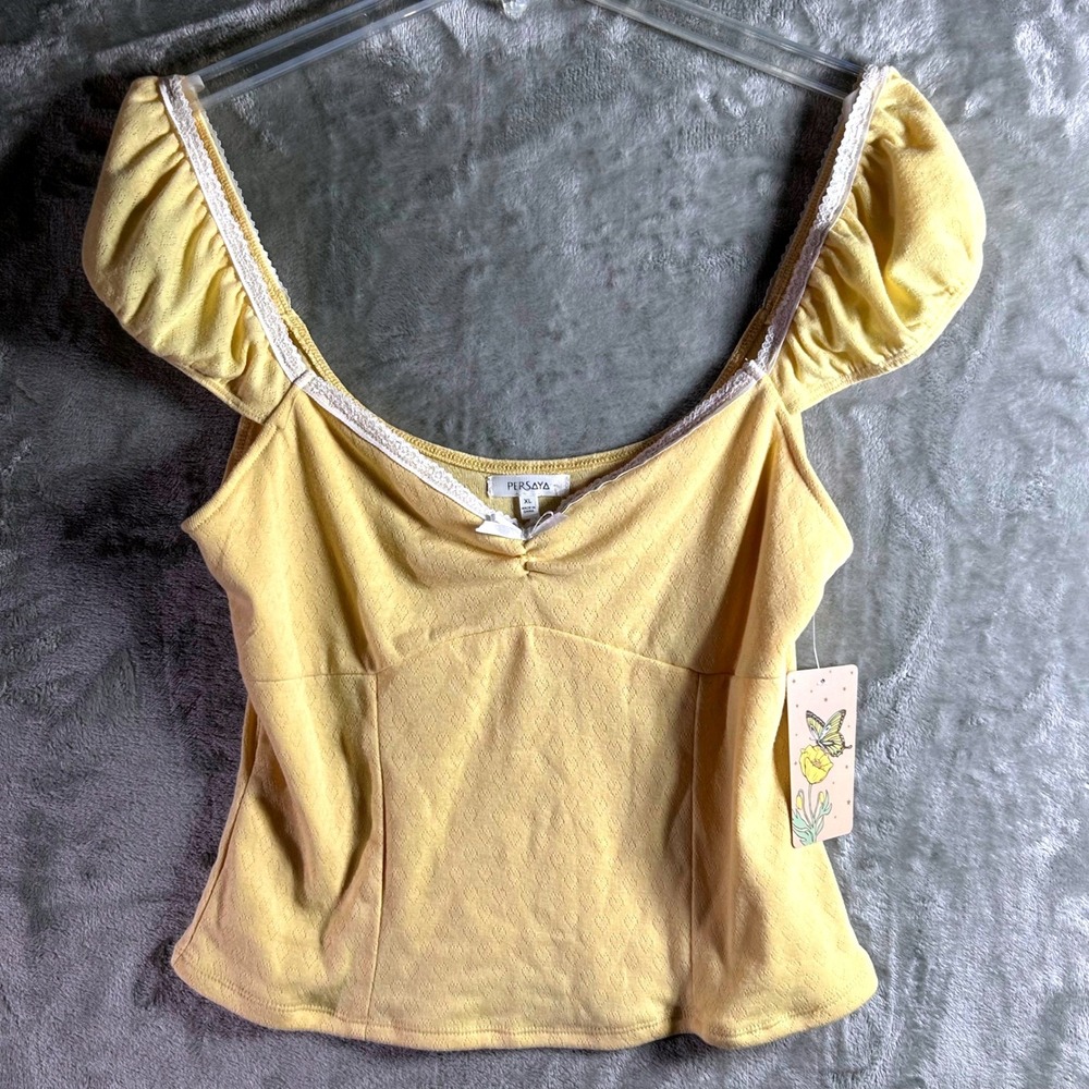 NWT Persaya XL Yellow Heart Pointelle Knit Top Off Shoulder Coquette Cottagecore